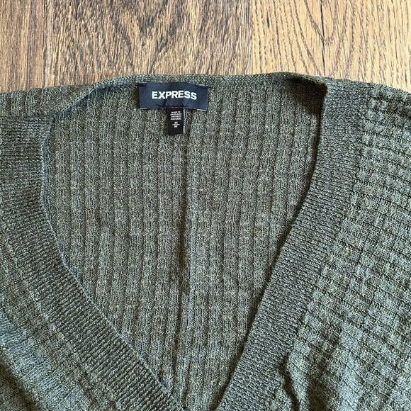 Express Women’s Size Medium Knit Surplice Wrap Sweater Olive Green Long Sleeve - Picture 3 of 8